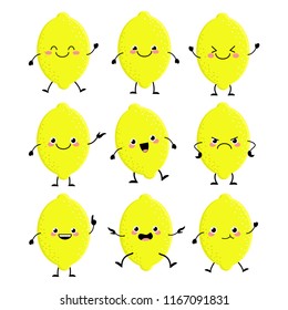 Cute lemon characters set  with different emotions vector illustration. Funny fruit