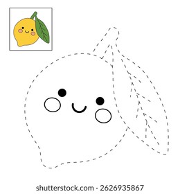 Cute Lemon coloring pages for kids. Trace and color Lemon. Lemon fruit flashcard for kids vector illustration. Letters L is for Lemon. Fun fruit summer worksheets printable for kids activity.