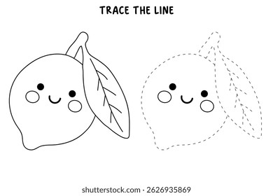 Cute Lemon coloring pages for kids. Trace and color Lemon. Lemon fruit flashcard for kids vector illustration. Letters L is for Lemon. Fun fruit summer worksheets printable for kids activity.