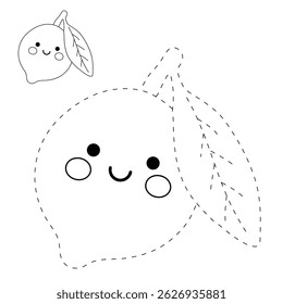 Cute Lemon coloring pages for kids. Trace and color Lemon. Lemon fruit flashcard for kids vector illustration. Letters L is for Lemon. Fun fruit summer worksheets printable for kids activity.