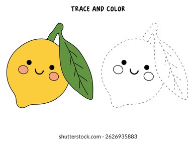 Cute Lemon coloring pages for kids. Trace and color Lemon. Lemon fruit flashcard for kids vector illustration. Letters L is for Lemon. Fun fruit summer worksheets printable for kids activity.