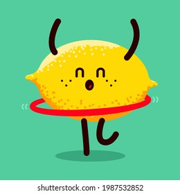 Cute lemon doing fitness exercises with hula hoop vector cartoon character isolated on background.