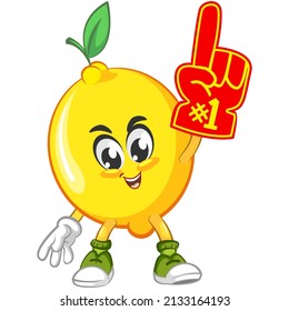 cute lemon fruit mascot character illustration logo icon vector by pointing a finger foam
