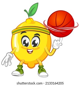 cute lemon fruit mascot character illustration logo icon vector play basketball
