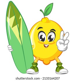 cute lemon fruit mascot character illustration logo icon vector with the surfboard