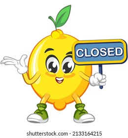 lindo lemon mascot caracter ilustración logo vector con un cartel que dice cerrado