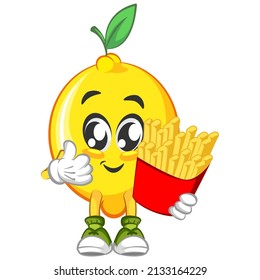 cute lemon fruit mascot character illustration logo icon vector and french fries
