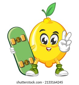 cute lemon fruit mascot character illustration logo icon vector with the skateboard