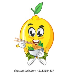 cute lemon fruit mascot character illustration logo icon vector eat noodles with chopstick