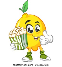 cute lemon fruit mascot character illustration logo icon vector with popcorn