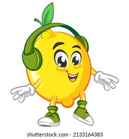 cute lemon fruit mascot character illustration logo icon vector listening to headphones