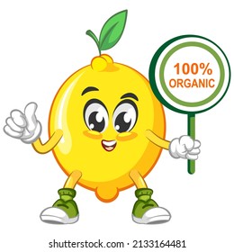 cute lemon fruit mascot character illustration logo icon vector with a sign that says 100% organic