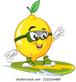 cute lemon fruit mascot character illustration logo icon vector surfing