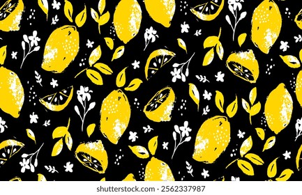 Cute lemon fruit pattern background vector design. Seamless background with lemons. Lemons on a bright background. Linear drawing of fruits. Endless background. Tropical pattern design