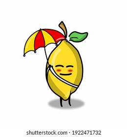 Cute lemon fruit with umbrella character vector template design illustration