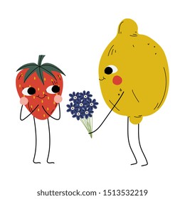 Cute Lemon Giving Bouquet of Flowers to Ripe Strawberry, Cheerful Berry and Citrus Fruit Characters with Funny Faces, Best Friends, Happy Couple in Love Vector Illustration