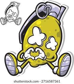 Personagem de mascote de granada de limão bonito fazendo um sinal de coração com as mãos. Ilustração de vetor de bomba de frutas cítricas amarelas para adesivos, roupas de rua e desenhos gráficos funky.