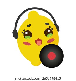 Cute lemon with headphones and record. Healthy eating mascot listening to music. Cute fruit for kids. Vector illustration isolated on white background for kitchen decor, recipe book, shop sign