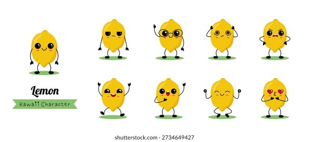 Cute Lemon Kawaii Character Set With Emotions