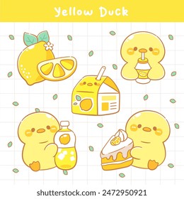 Cute lemon kawaii food with cute yellow duck sticker