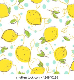 Cute lemon and leafs pattern. Vector hand drawn pattern