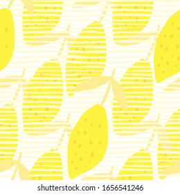 Cute lemon with leaves seamless pattern. Hand drawn citrus fruits. Design for fabric, textile print, wrapping paper, kitchen textiles. Modern design. Vector illustration