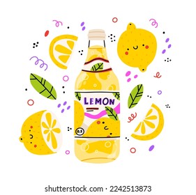 Cute lemon lemonade bootle with cute lemon. Isolated. Vector cartoon character hand drawn style illustration. Kawaii smiling lemonade. Hand drawn cute vector for web,design,print, isolated on white.