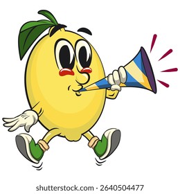 cute lemon mascot cartoon blow the party horn trumpet, fun citrus character vector for summer, work of hand drawn
