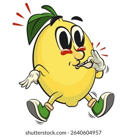 cute lemon mascot cartoon blowing the whistle,, fun citrus character vector for summer, work of hand drawn