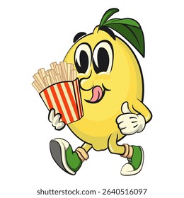 cute lemon mascot cartoon brought a box of french fries, fun citrus character vector for summer, work of hand drawn