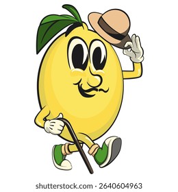 cute lemon mascot cartoon carrying a stick and saluting with raised hat, fun citrus character vector for summer, work of hand drawn