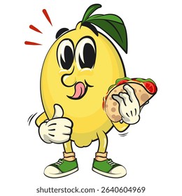 cute lemon mascot cartoon carrying a taco while giving a thumbs up, fun citrus character vector for summer, work of hand drawn