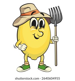 cute lemon mascot cartoon as farmer in hat with his fork, fun citrus character vector for summer, work of hand drawn