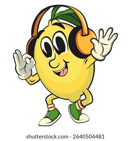 cute lemon mascot cartoon listening to headset while dancing listening to headset while dancing, fun citrus character vector for summer, work of hand drawn