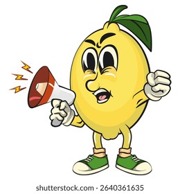 cute lemon mascot cartoon out loud with loudspeaker, fun citrus character vector for summer, work of hand drawn