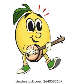 cute lemon mascot cartoon playing the banjo musical instrument, fun citrus character vector for summer, work of hand drawn