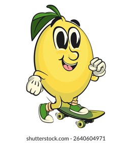cute lemon mascot cartoon playing skateboard, fun citrus character vector for summer, work of hand drawn