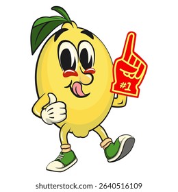cute lemon mascot cartoon raise foam finger, fun citrus character vector for summer, work of hand drawn