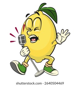 cute lemon mascot cartoon singing with great emotion, fun citrus character vector for summer, work of hand drawn