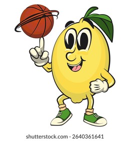 cute lemon mascot cartoon spin the basketball with the index finger, fun citrus character vector for summer
