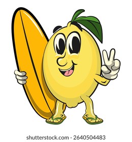 cute lemon mascot cartoon with surfboard and gave a peace sign, fun citrus character vector for summer, work of hand drawn