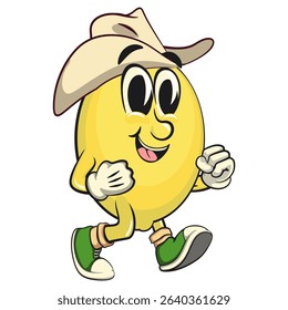 cute lemon mascot cartoon walking wearing a cowboy hat, fun citrus character vector for summer, work of hand drawn