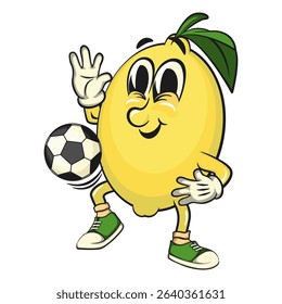 cute lemon mascot cartoon walking with peace sign, fun citrus character vector for summer