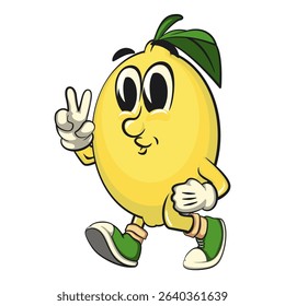 cute lemon mascot cartoon walking with peace sign, fun citrus character vector for summer