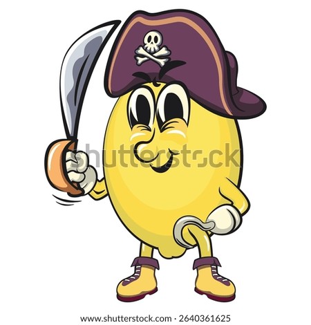 cute lemon mascot cartoon wearing a pirate hat while holding a machete and using hooks, fun citrus character vector for summer, work of hand drawn