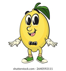 cute lemon mascot cartooncool with a bow tie, fun citrus character vector for summer, work of hand drawn
