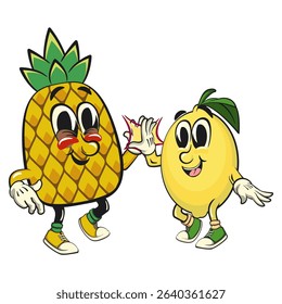 cute lemon mascot cartoonhigh five with cute pineapple character, fun citrus character vector for summer, work of hand drawn