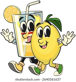 cute lemon mascot cartoonwalking with a glass of refreshing iced juice, fun citrus character vector for summer, work of hand drawn