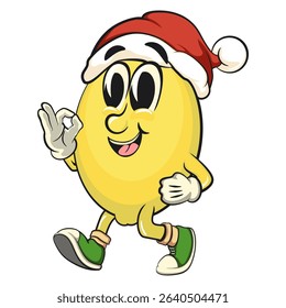 cute lemon mascot cartoonwearing a Santa Claus hat while walking and giving a oke sign, fun citrus character vector for summer, work of hand drawn