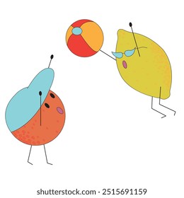 Personagens bonitos de limão e laranja jogando bola. Verão recreação ativa, praia e esportes jogos conceito. 